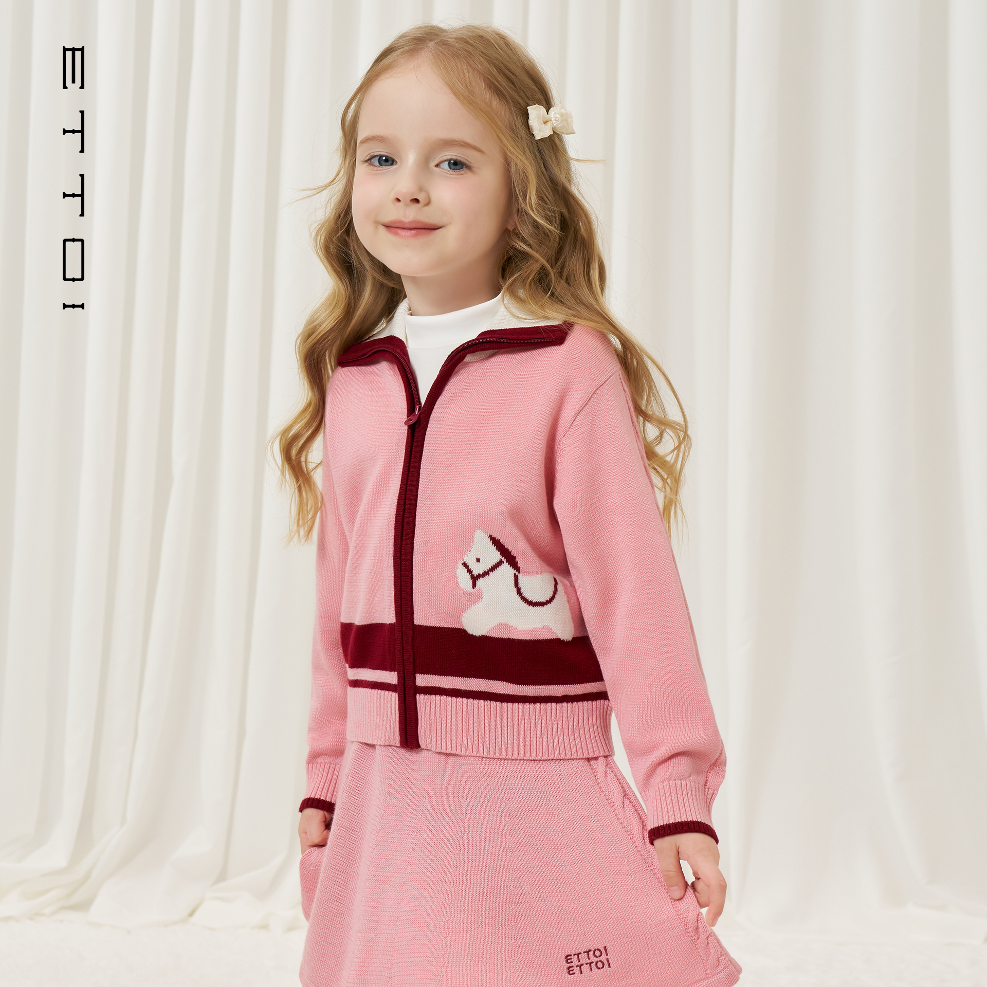 ETTOI爱多娃2025秋季新款百搭翻领毛衣羊绒针织开衫小马羊毛外套