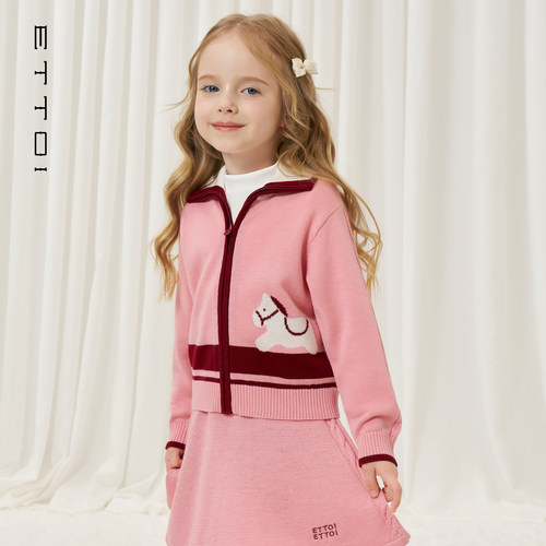 ETTOI爱多娃2025秋季新款百搭翻领毛衣羊绒针织开衫小马羊毛外套