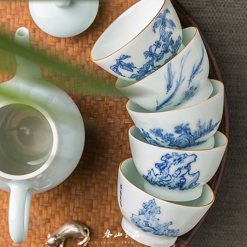 春山玉品 甜白釉下青花主人杯 景德镇陶瓷手工手绘功夫茶杯主人杯