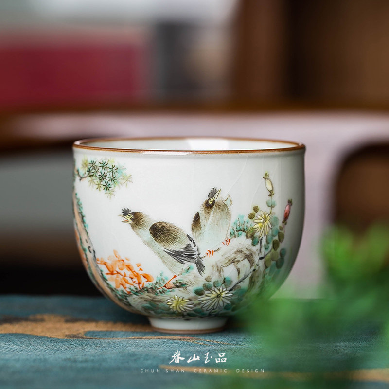 春山玉品 艺术家手绘天青釉浅绛彩花鸟宣和杯大容量陶瓷功夫茶杯