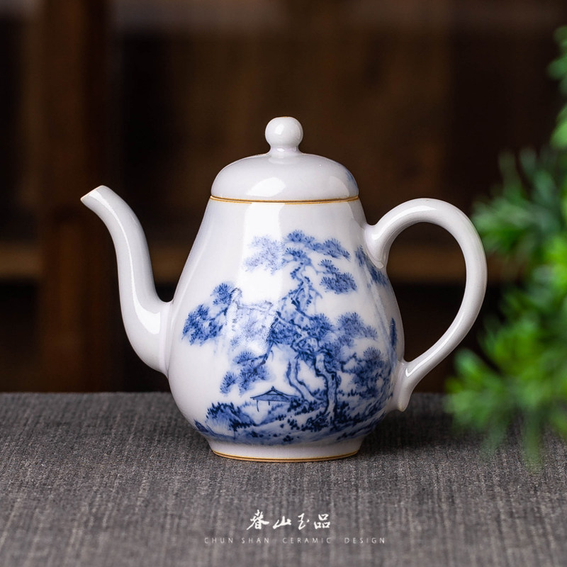 春山玉品 艺术家杜源手绘青花山水诗文陶瓷功夫茶壶紫玉釉泡茶壶