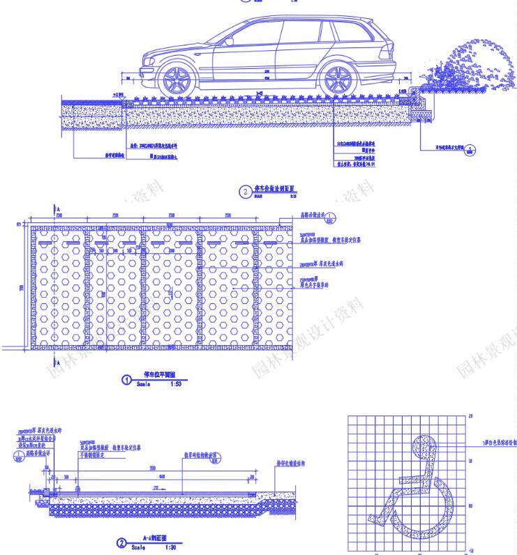 多款小车机动车生态植草砖停车位停车场景观节点大样图cad施工图