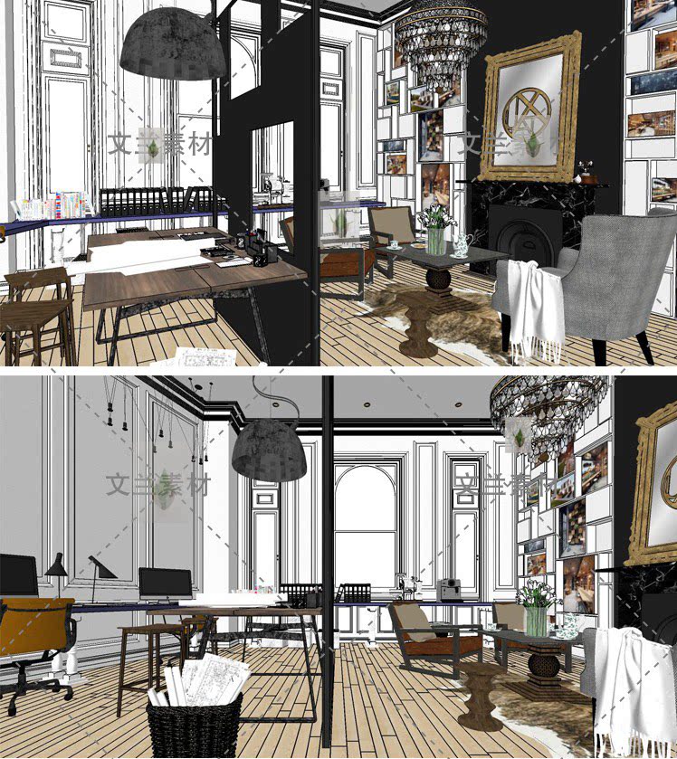现代法式结合工业风混搭风格私人工作室办公室室内草图大师su模型