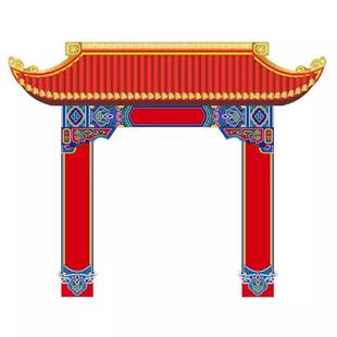 中式红色古典婚礼屋檐门楼背景装饰拱门KT板cdr格式设计素材