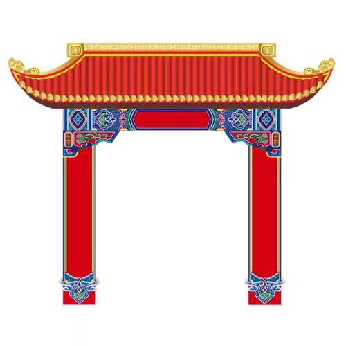 中式红色古典婚礼屋檐门楼背景装饰拱门KT板cdr格式设计素材