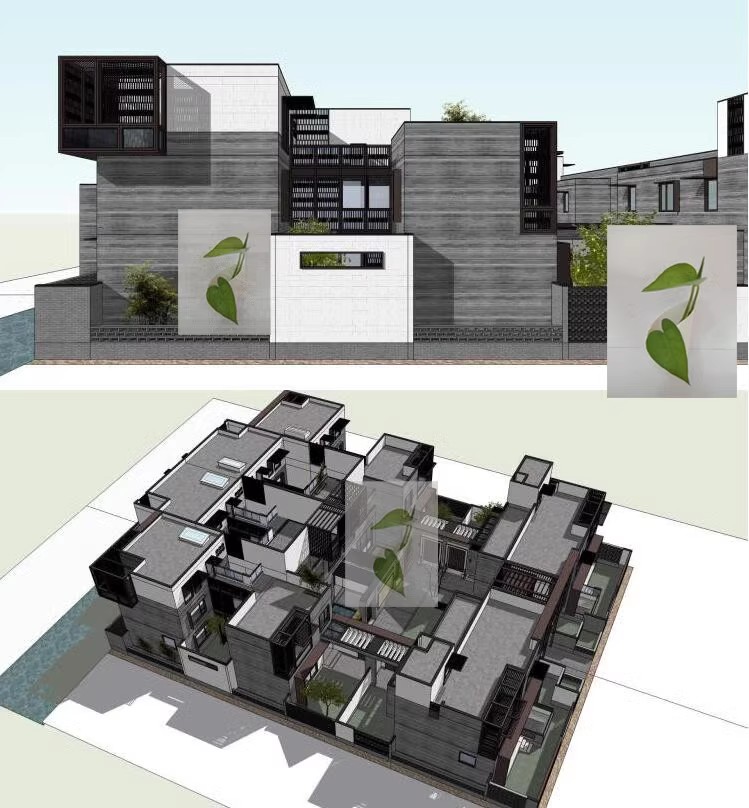 新中式四合院豪华别墅自建房建筑设计方案SU模型效果图素材库