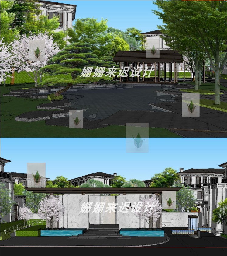 新中式居住区住宅小区园林景观规划设计景墙廊架建筑景观su模型