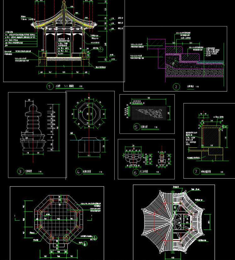 中式公园园林景观八角亭凉亭亭子cad施工图平立面大样详图素材