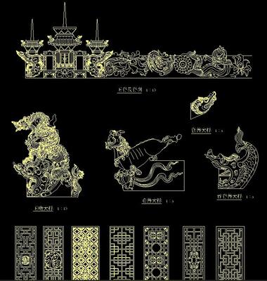 中式古建筑古典元素龙凤龙头dwg套兽正脊脊刹石钟正吻吞脊兽CAD图