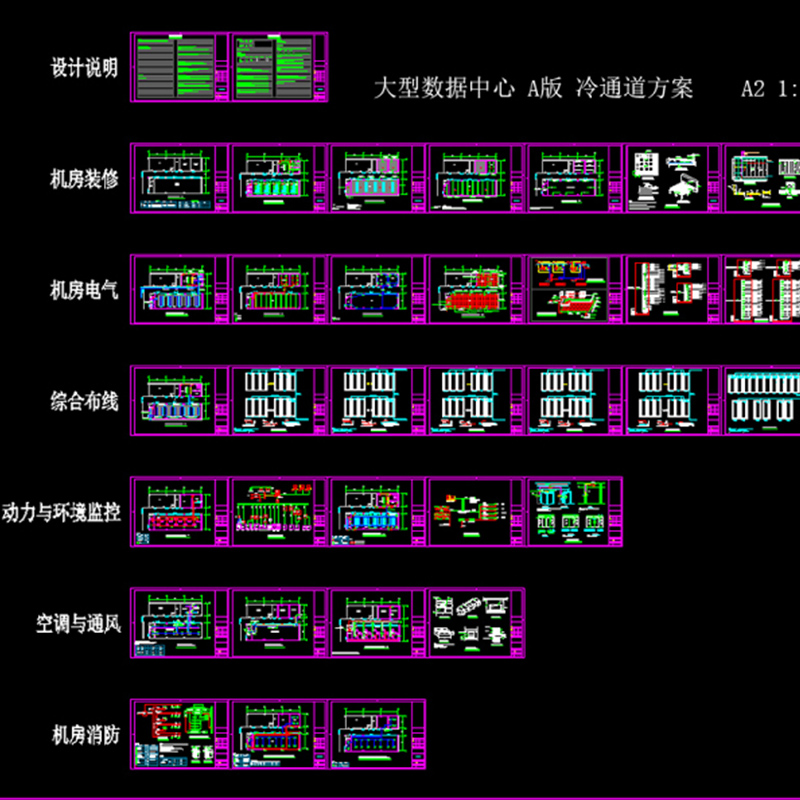 数据中心弱电智能化机房综合布线电气消防环境监控方案CAD施工图