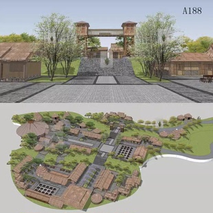 美丽乡村旧屋改造农家乐民俗文化村游客接街中心茅草屋建筑SU模型