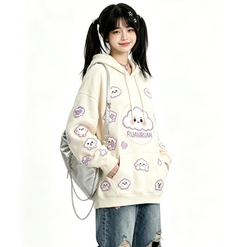 甜美云朵印花加厚连帽卫衣女