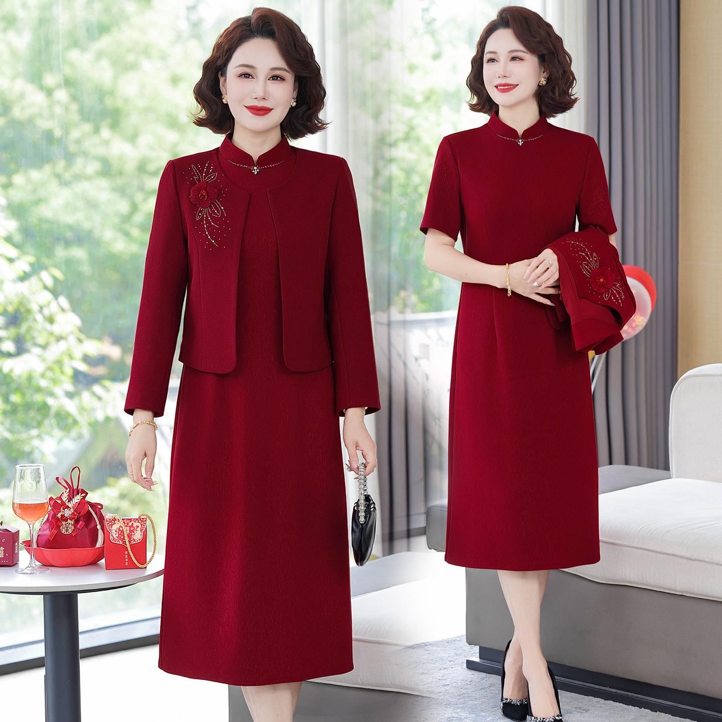 新中式妈妈婚宴礼服高贵改良旗袍两件套喜婆婆秋装婚礼连衣裙外套
