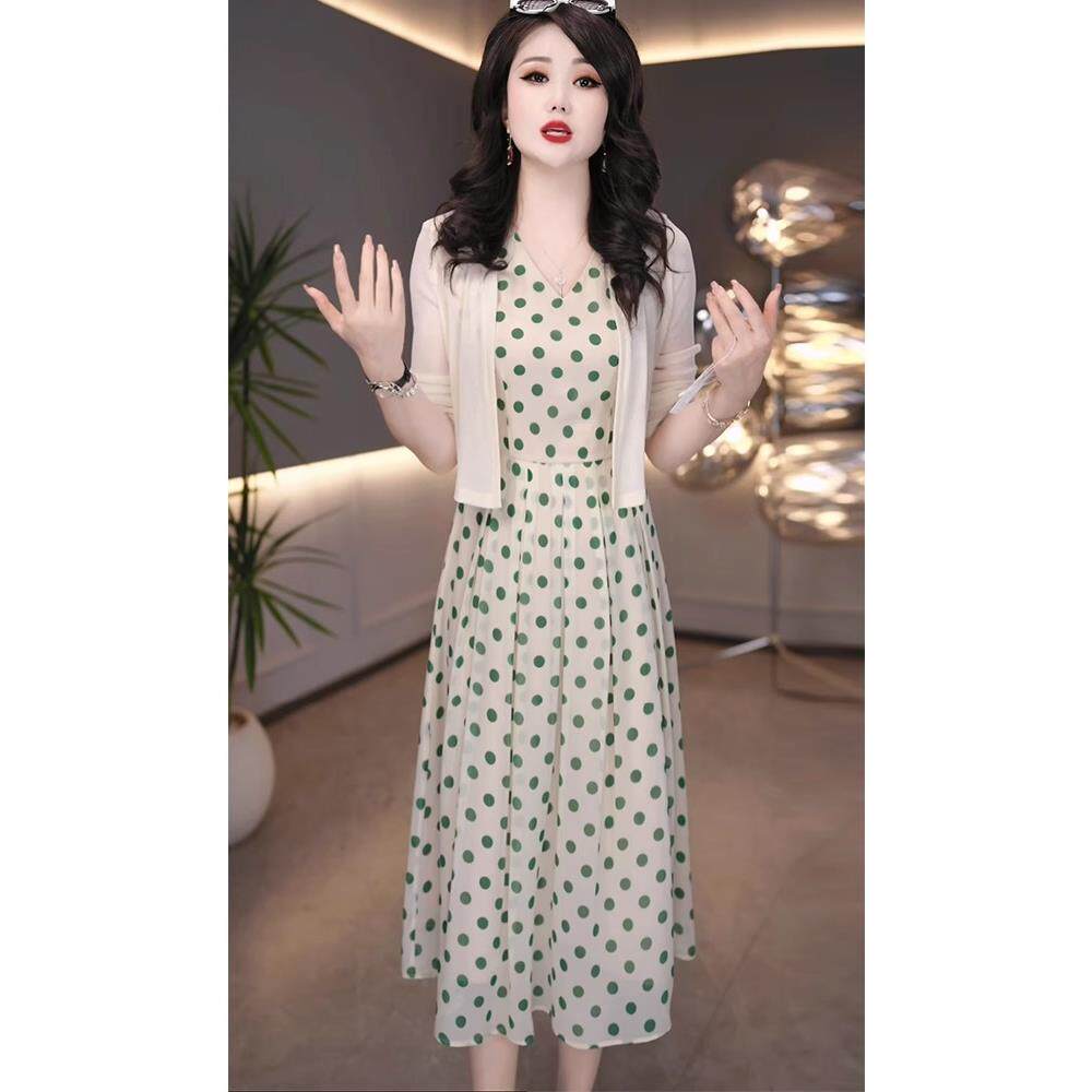 高端洋气罩衫两件套连衣裙女2025春夏新款妈妈波点背心裙显瘦套装