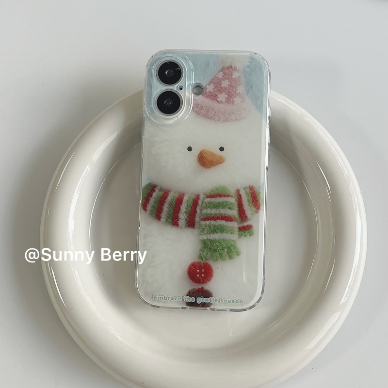 向日的浆果ins韩系小众冬日可爱红绿条纹围巾毛绒雪人适用苹果17pro手机壳iphone16promax/14/15保护套防摔