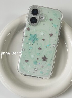 向日的浆果ins小众古早夏日氛围清新绿色旋涡星星爱心适用苹果16pro手机壳iphone15promax/14/13保护套防摔