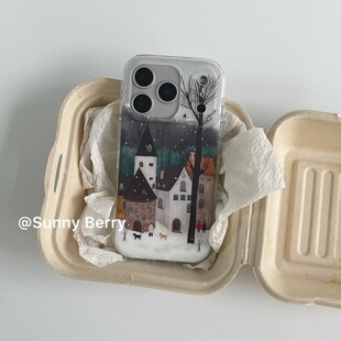 15保护套防摔 向日 浆果ins小众冬日氛围艺术感北欧森林小镇雪花插画适用苹果17pro手机壳iphone16promax