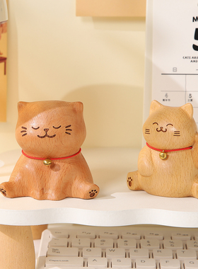 木雕招财猫解压桌面小摆件治愈系办公室工位稳定情绪神器生日礼物