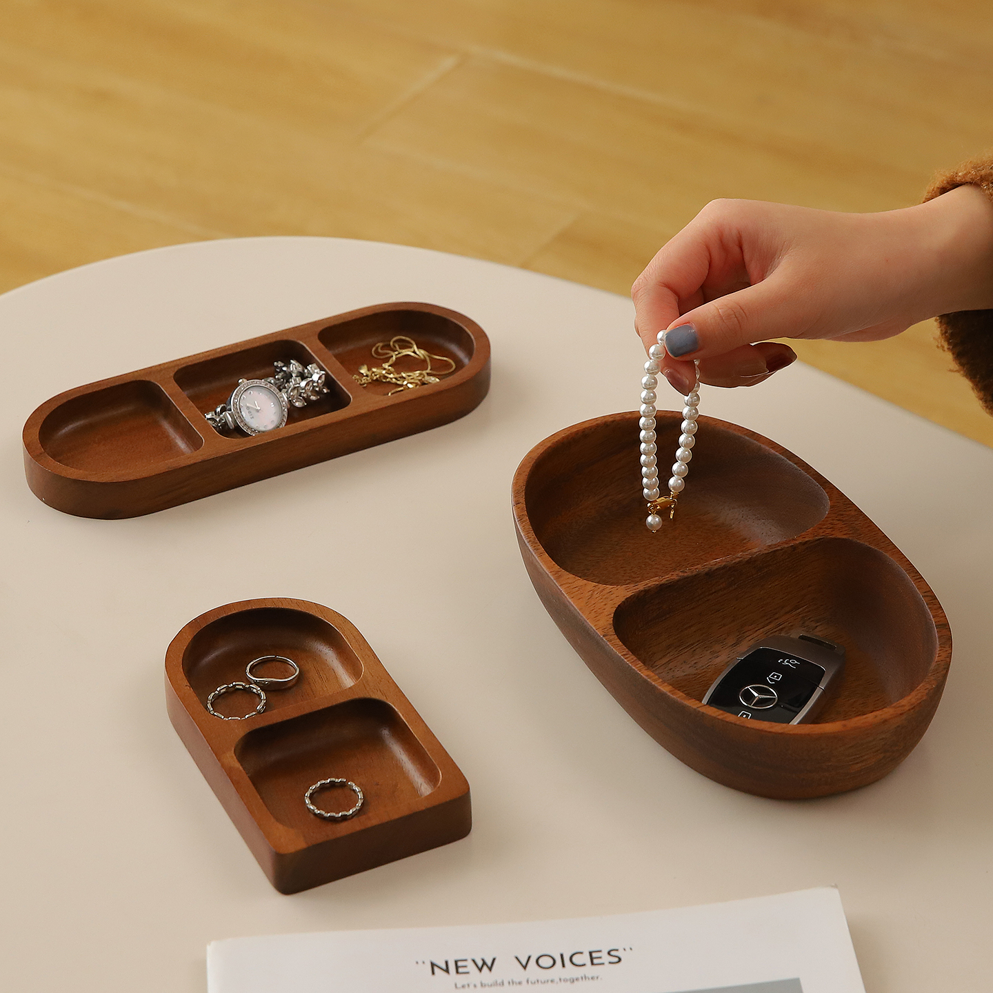 中古风胡桃木香薰托盘桌面轻奢高级感木质收纳盘装饰摆件拍照道具