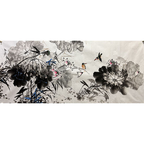 136X60厘米精品纯手绘花鸟画真迹四尺荷花吉祥挂画AV5100201-4