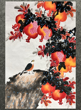 精品国画纯手绘景哲风格花鸟画四尺三开石榴笑口常开AC4123202