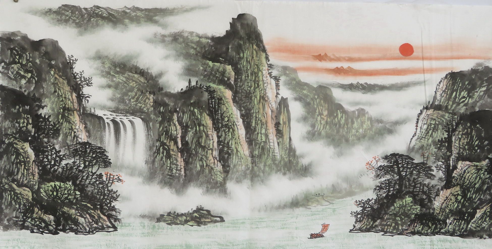 【8墨锦轩】特价横幅水墨装饰国画纯手绘山水画源远流长一帆风顺