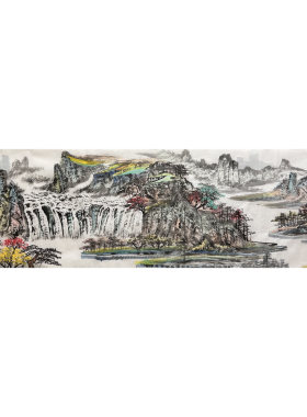 8墨锦轩装饰国画纯手绘酒店八尺对开山水画源远流长AX5061701-7