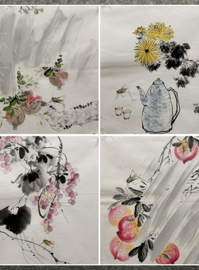 玄关精品装饰国画酒店字画纯手绘三尺斗方花鸟画AC50503121-142