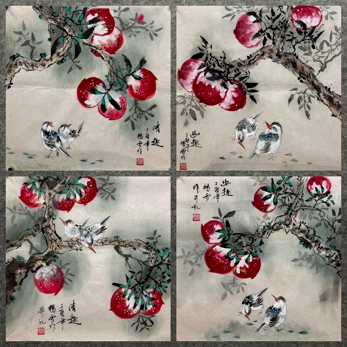 58X53CM装饰国画纯手绘花鸟画三尺斗方柿子石榴寿桃AR6010365-71