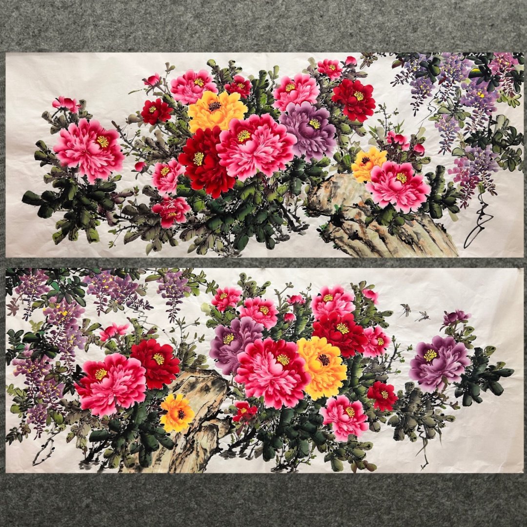 240X96厘米装饰国画批发花鸟画纯手绘小八尺牡丹紫藤花开富贵01,家居饰品,国画,淘宝优惠券,粉丝福利购,淘宝优惠卷