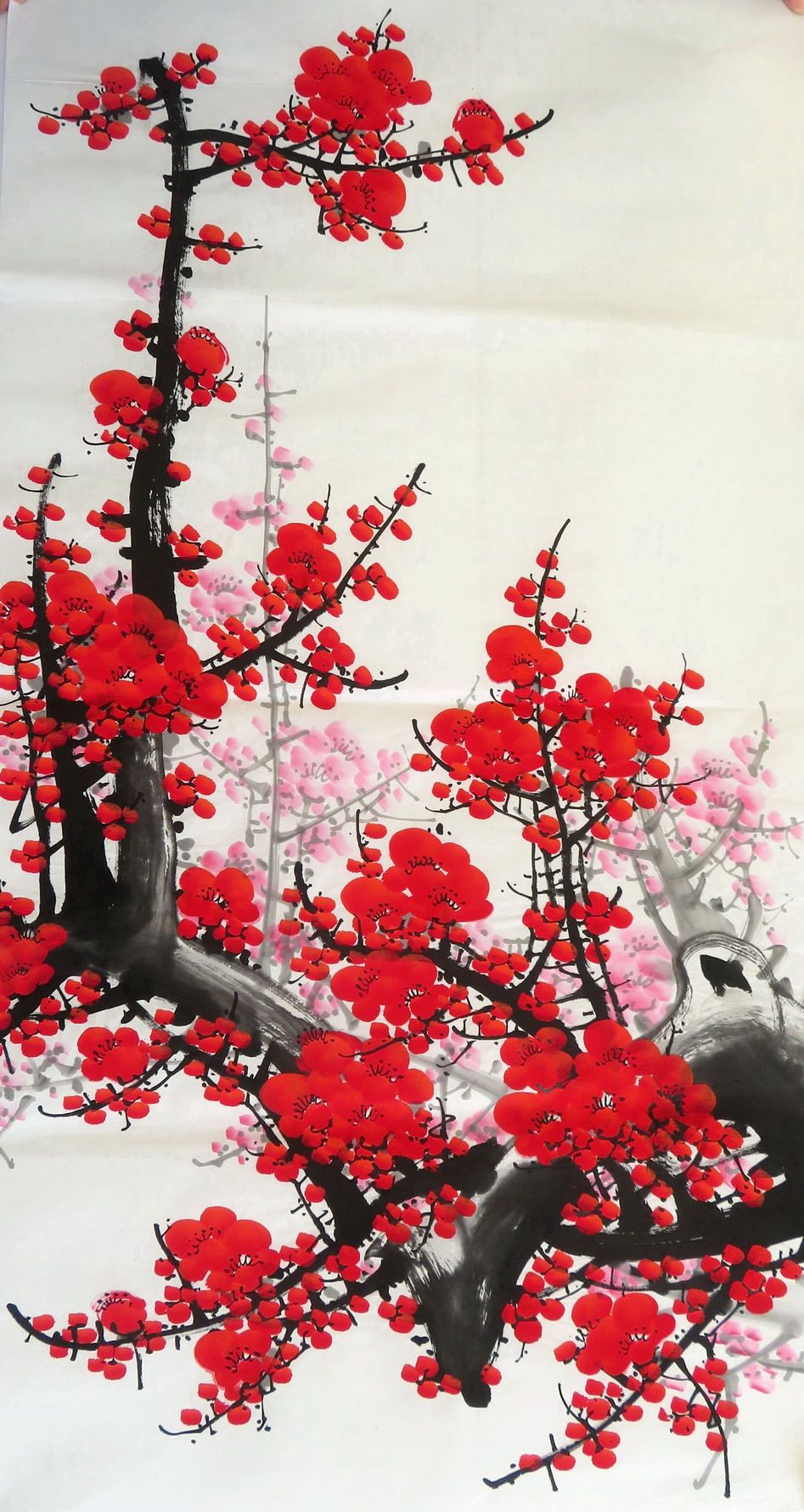 8墨锦轩办公装饰国画花鸟画纯手绘挂画三尺梅花红梅报喜ad1120702