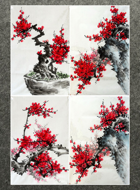 68X45厘米装饰国画字画纯手绘花鸟画四尺三开梅花红梅报喜02