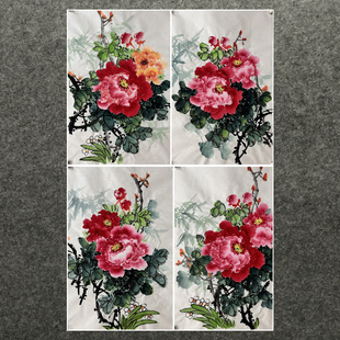 68X45CM精品国画纯手绘花鸟画四尺三开牡丹花开富贵AX4123131