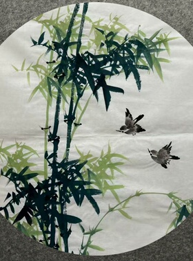 花鸟画纯手绘圆形竹子竹报平安