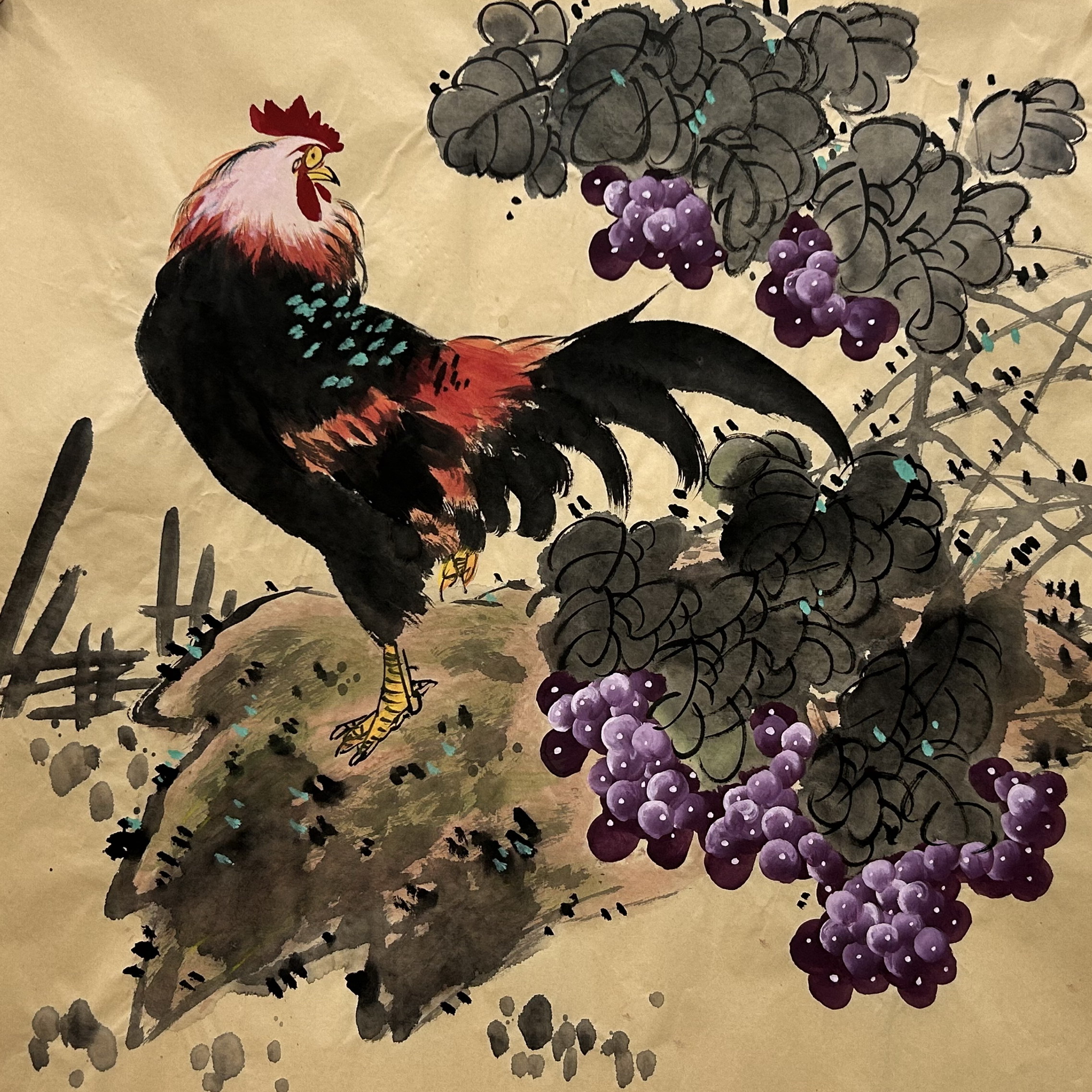 8墨锦轩装饰国画花鸟餐厅纯手绘水果四尺斗方葡萄鸡AA5060601-26图片