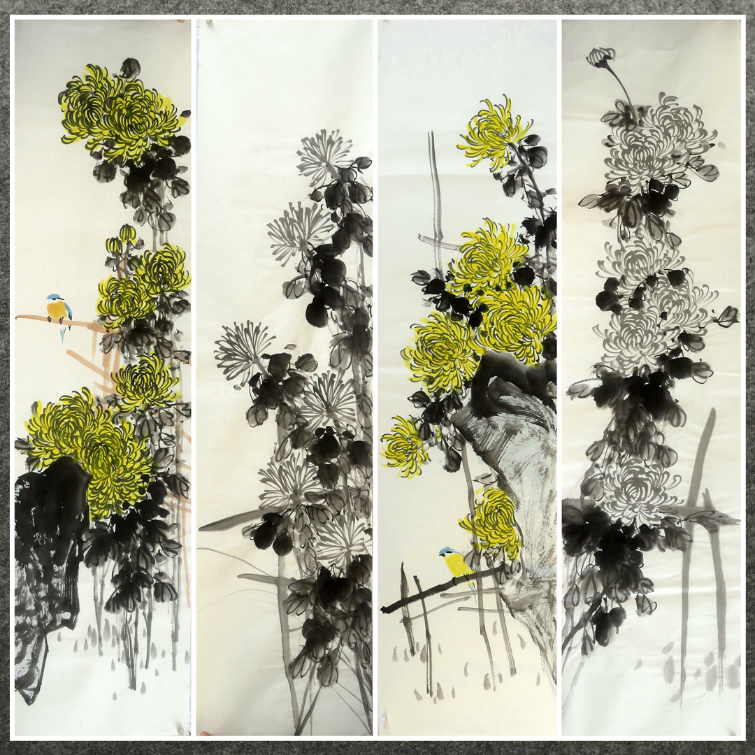 136X34厘米条幅装饰字画国画纯手绘花鸟画四尺对开菊花AE301-19