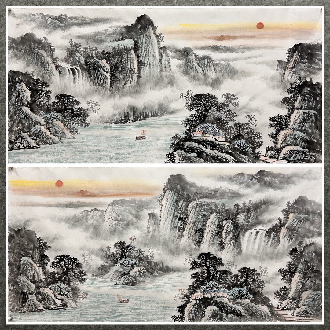 8墨锦轩水墨装饰横幅国画纯手绘四尺山水画旭日东升AC5020101-20