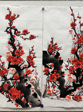 8墨锦轩68X34CM玄关装饰国画纯手绘花鸟画四尺四开梅花红梅报喜02