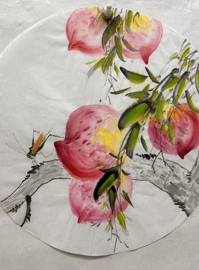 8墨锦轩直径32CM装饰字画国画纯手绘圆形寿桃花鸟画AT5070175-100