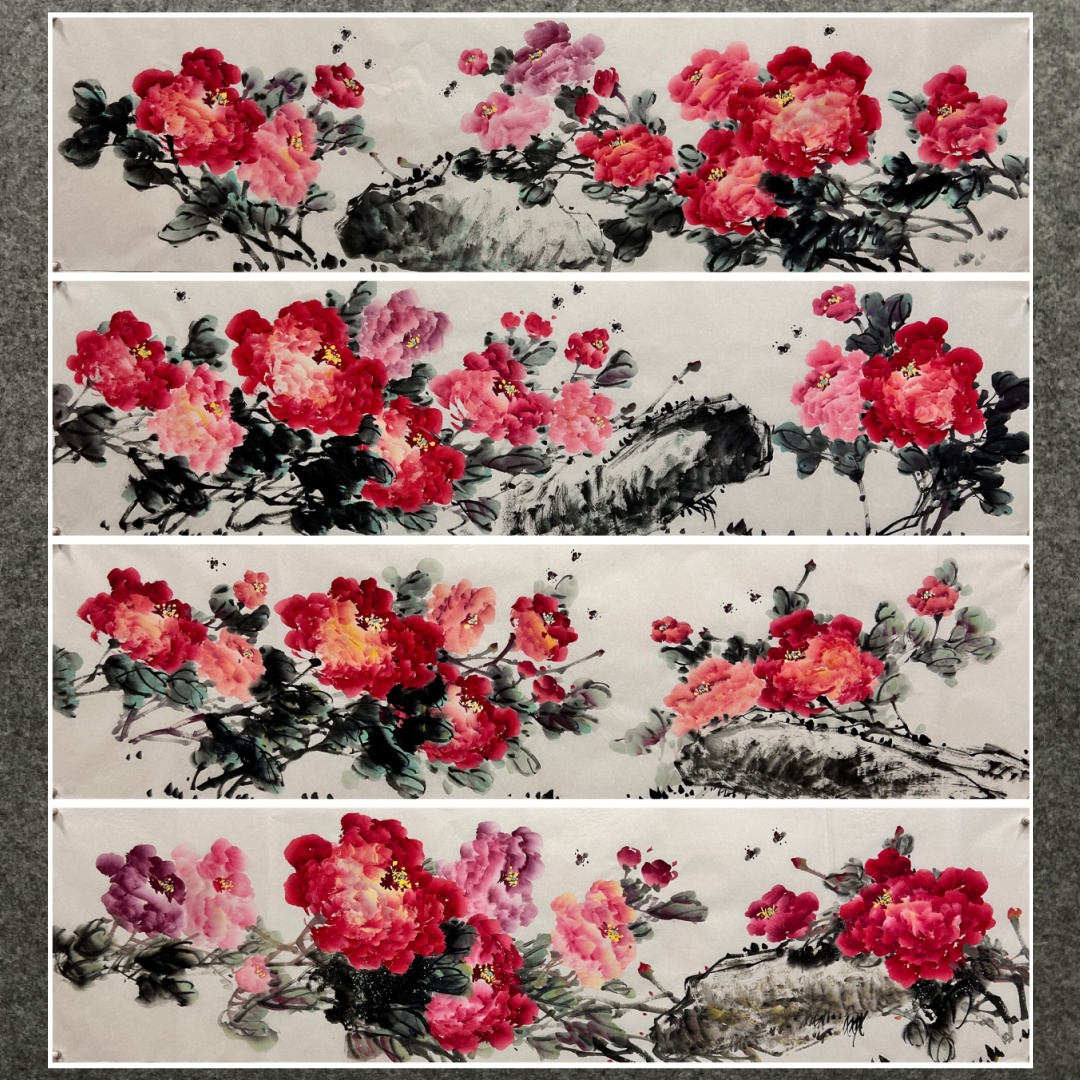 180X48CM装饰国画纯手绘花鸟六尺对开牡丹花开富贵AS3101421-50