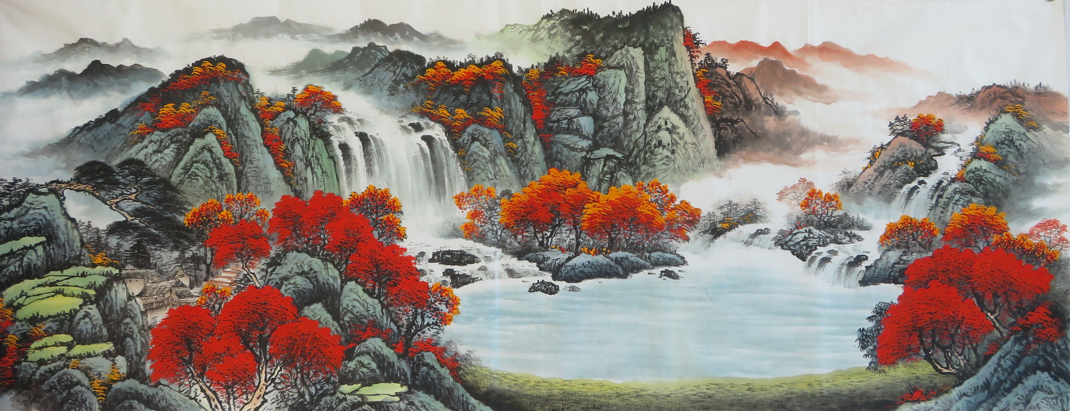 【8墨锦轩】宣纸国画纯手绘小六尺山水画聚宝盆旭日东升ax1110502