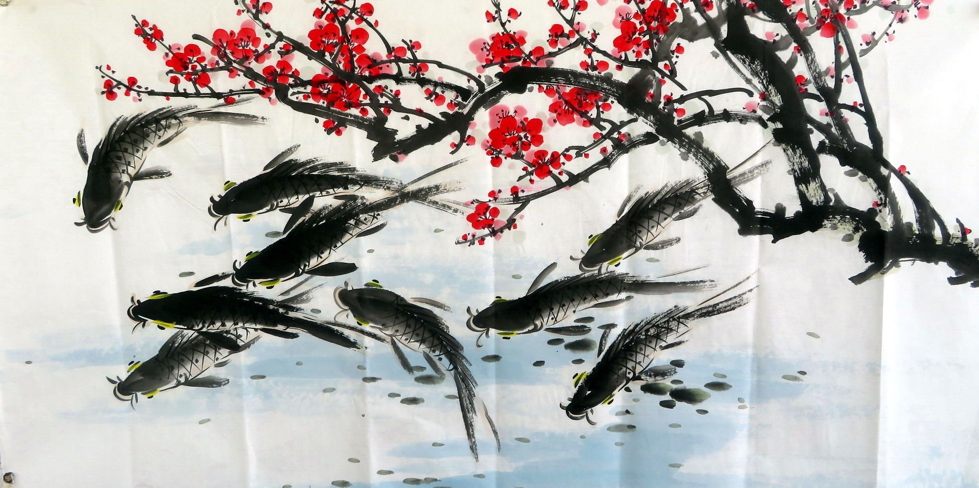 【8墨锦轩】装饰国画花鸟画纯手绘四尺鱼九鱼鲤鱼连年有余ah710