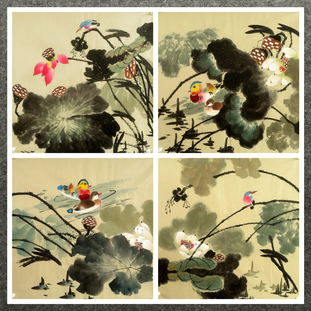 8墨锦轩装饰国画纯手绘玄关仿古花鸟画四尺斗方荷花AA4102101-90