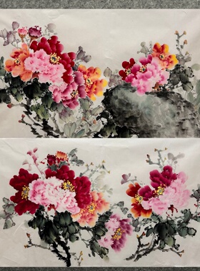 136X68厘米酒店装饰国画花鸟画纯手绘四尺牡丹字画AH5101701-15