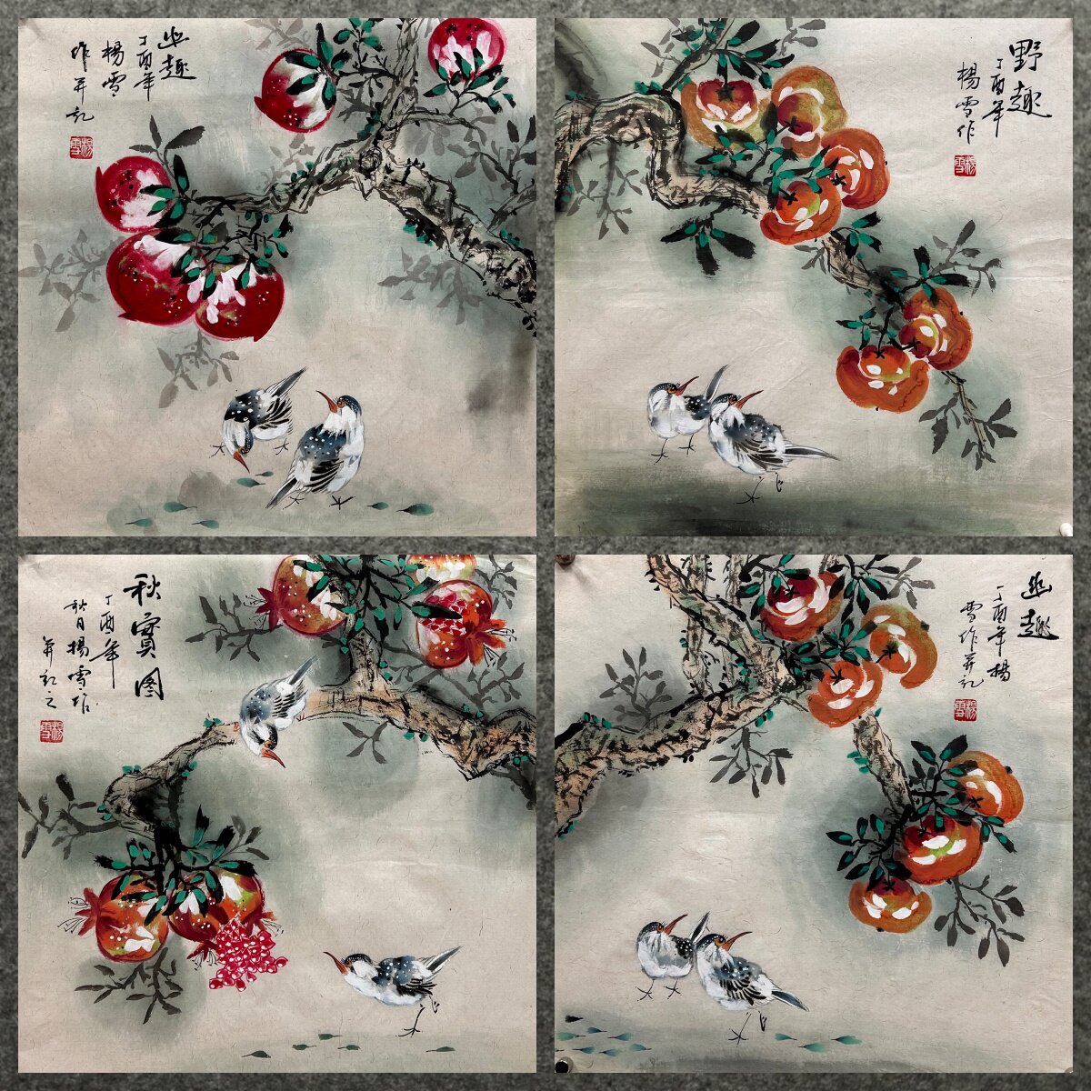 50X50CM装饰国画纯手绘花鸟画三尺斗方柿子石榴寿桃AR6010331-64