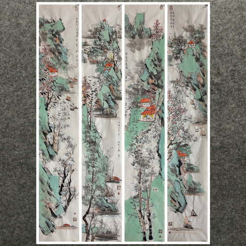 136X34厘米客厅装饰国画纯手绘四尺对开山水画未装裱AL5082904-6
