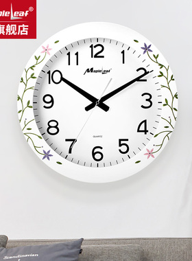 枫叶田园实木钟表圆形挂钟客厅现代静音时钟卧室大号挂表创意墙钟