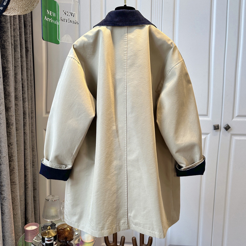 英伦风撞色翻领中长款风衣女外套