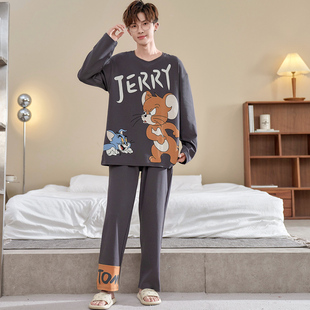 秋冬季长袖男士睡衣青少年纯棉家居服卡通灰底杰瑞鼠宽松大码套装