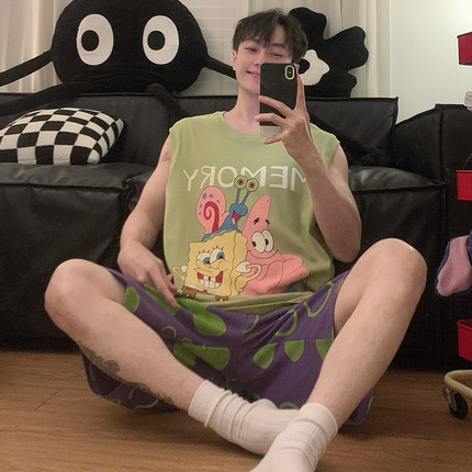 男士纯棉无袖背心睡衣夏季可爱卡通绿派大星加大肥码青少年家居服